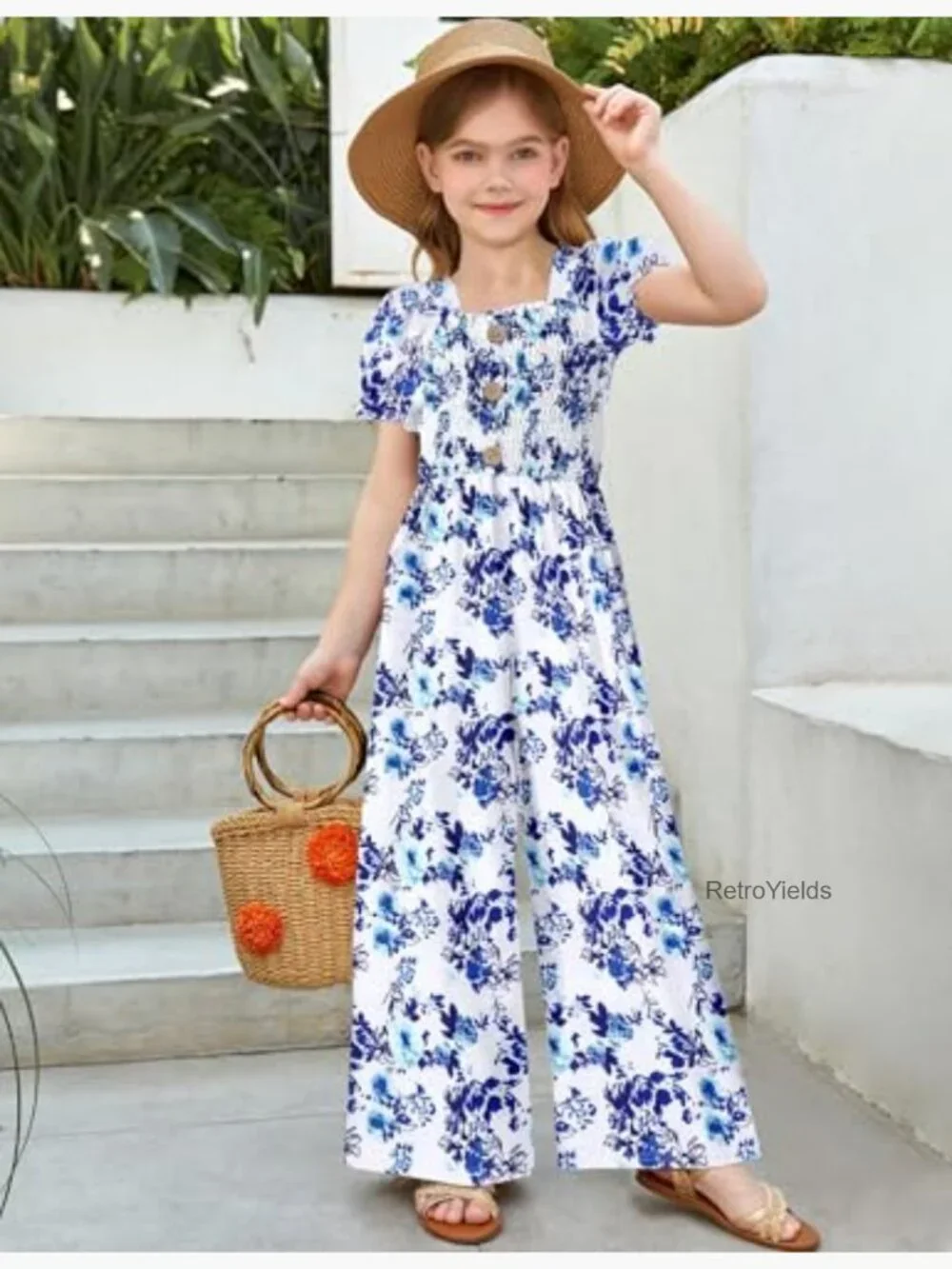 Girls Smocked Floral Romper One Piece Jumpsuit Square Neck Short Sleeve 5-14